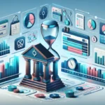 An illustration of a bank building with an hourglass in front, surrounded by floating digital charts, graphs, clocks, and financial icons representing data analysis, repayments tracking, and financial management.
