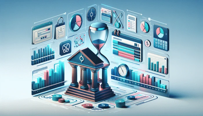 An illustration of a bank building with an hourglass in front, surrounded by floating digital charts, graphs, clocks, and financial icons representing data analysis, repayments tracking, and financial management.