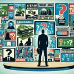 A person stands on a round platform facing a wall covered in colorful Payday Loan Ads, charts, and question marks, suggesting confusion or overwhelm about borrowing insights and loan options.