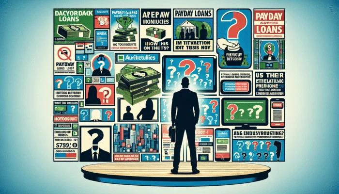A person stands on a round platform facing a wall covered in colorful Payday Loan Ads, charts, and question marks, suggesting confusion or overwhelm about borrowing insights and loan options.