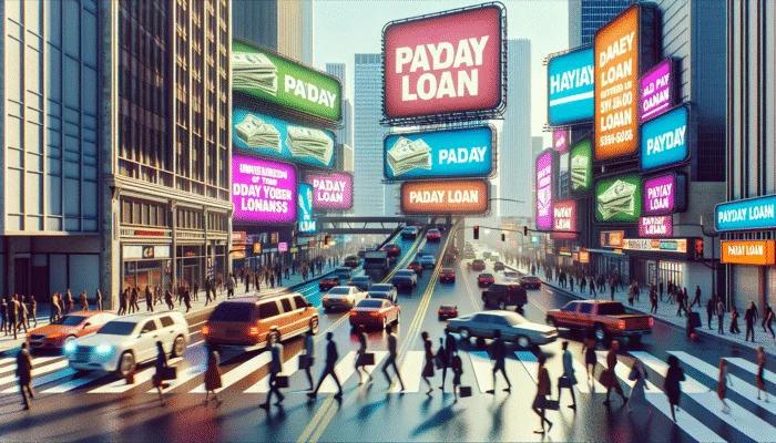Oversized payday loan billboards dominating a busy city street, showcasing aggressive urban marketing.