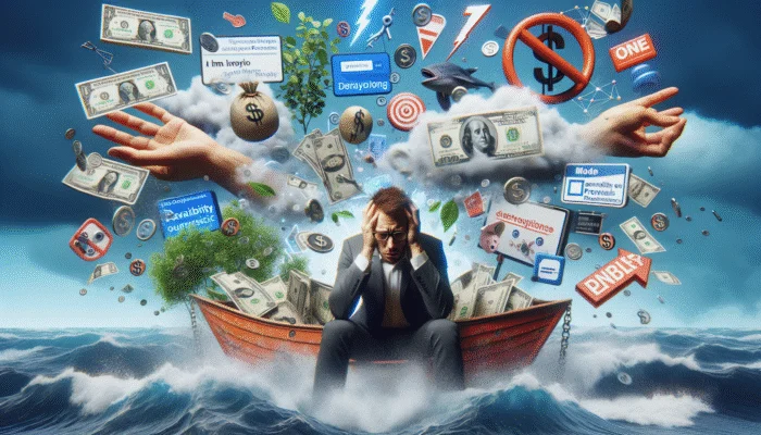 A consumer overwhelmed by numerous payday loan ads, leading to impulsive financial decisions.