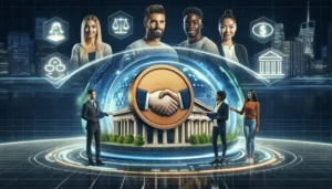 A digital illustration of professionals, including students, around a glowing handshake symbol and a government building, with city buildings in the background and icons for law, money, and communication—highlighting smart options as payday loan alternatives.