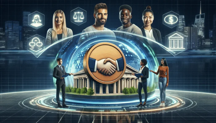 A digital illustration of professionals, including students, around a glowing handshake symbol and a government building, with city buildings in the background and icons for law, money, and communication—highlighting smart options as payday loan alternatives.