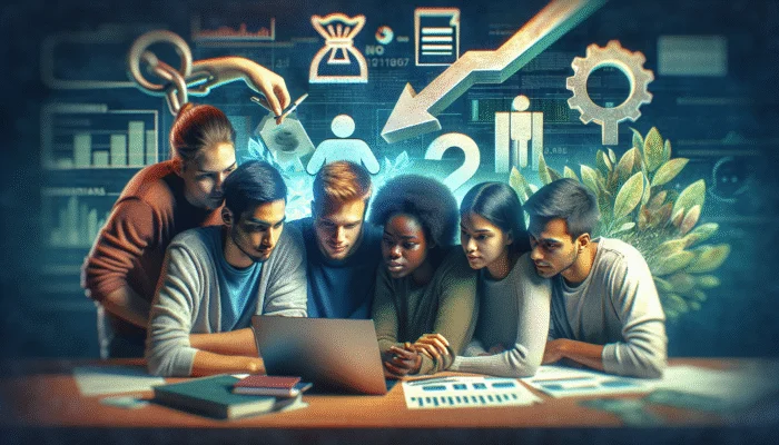 Students reviewing financial alternatives on a laptop in an educational setting, with symbols of lower interest rates and manageable repayment plans.