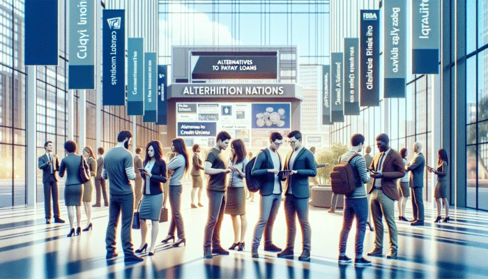 Diverse students at a financial hub exploring payday loan alternatives on tablets, with educational banners.