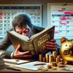 A stressed person sits at a cluttered desk with money, coins, a piggy bank, and a law book—perhaps seeking financial freedom. Behind them, two calendars marked in red hint at looming payday loan or legal deadlines.