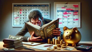 A stressed person sits at a cluttered desk with money, coins, a piggy bank, and a law book—perhaps seeking financial freedom. Behind them, two calendars marked in red hint at looming payday loan or legal deadlines.