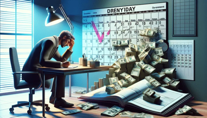 Person signing complex contract in dimly lit office, with cash and urgent due dates, symbolizing payday loan pressure.