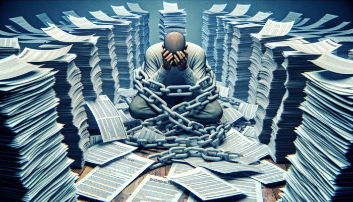 A distressed person bound by chains of high interest rates and fees from towering payday loan agreements, symbolizing debt cycle.