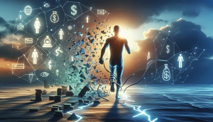 Person breaking free from payday loan chains, guided towards financial freedom.