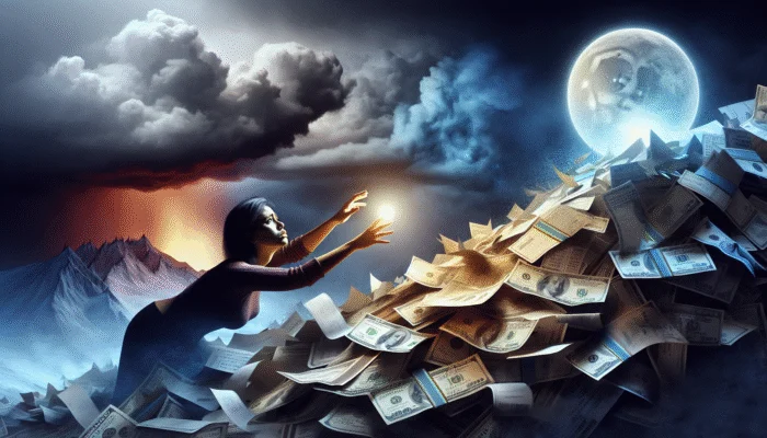 A woman climbs a pile of paper money, reaching toward a large, glowing orb in the sky. Dark clouds and distant mountains hint at a US crisis, creating a dramatic and surreal atmosphere as borrowers seek hope.