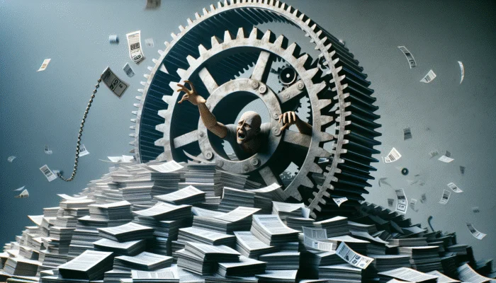 A person trapped in a cycle with towering payday loan documents, hands reaching out desperately.