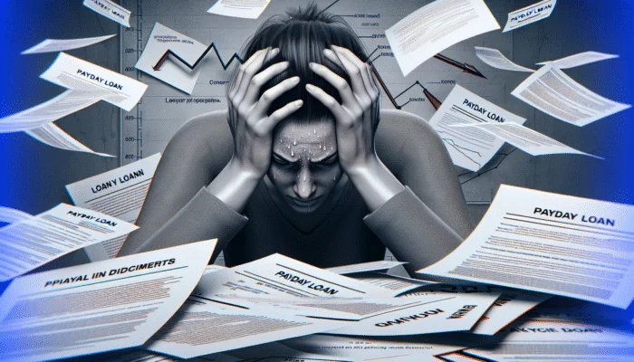 A distressed person amidst payday loan documents, with a falling credit score graph in the background.