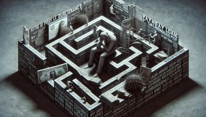 A distressed person navigating a dark maze filled with hidden traps and obscured signs, symbolizing unexpected payday loan fees.