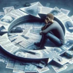 A man sits inside a circular stack of documents and forms, surrounded by more scattered papers, keys, a car, a wallet, and money—symbolizing how US borrowers can feel overwhelmed by bureaucracy when navigating payday loans.