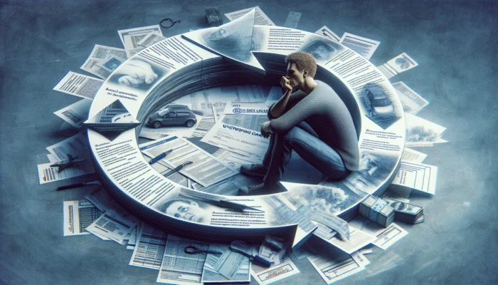A man sits inside a circular stack of documents and forms, surrounded by more scattered papers, keys, a car, a wallet, and money—symbolizing how US borrowers can feel overwhelmed by bureaucracy when navigating payday loans.