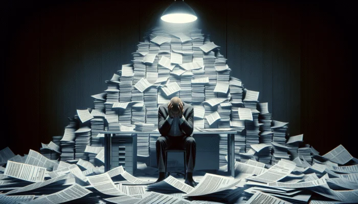 Person overwhelmed by bills and loan documents at a cluttered desk, symbolizing payday loan debt burden in the US.