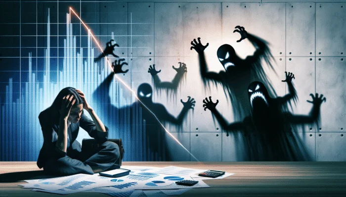 A person overwhelmed by financial stress, surrounded by debt shadows, with a plummeting credit score graph.