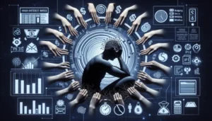 A digital illustration shows a person sitting with head in hand, surrounded by reaching hands, currency symbols, and financial icons, with charts and graphs in the background, highlighting the need for stress management amid financial stress or economic complexity.