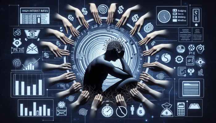 A digital illustration shows a person sitting with head in hand, surrounded by reaching hands, currency symbols, and financial icons, with charts and graphs in the background, highlighting the need for stress management amid financial stress or economic complexity.