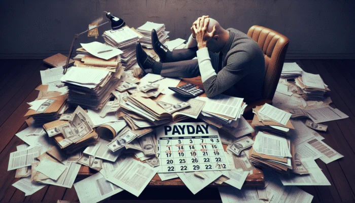 A person overwhelmed by payday loan debt, surrounded by bills and a looming calendar.