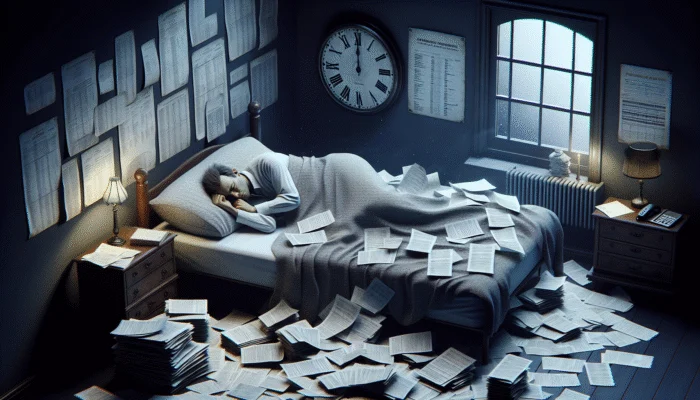 Person awake in bed, surrounded by unpaid bills, showing signs of financial stress and irritability.