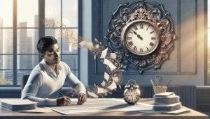 A person writes at a desk filled with papers, while loose pages float upward. Behind them, a large ornate clock and a smaller one mark the time—perhaps for a payday loan cooling-off period—as sunlight streams in, illuminating the room.