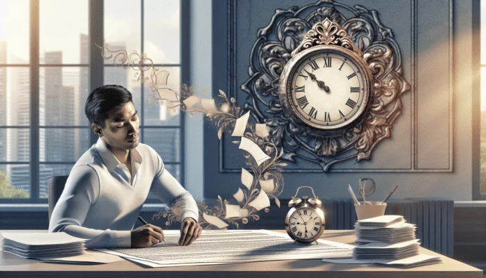 A person writes at a desk filled with papers, while loose pages float upward. Behind them, a large ornate clock and a smaller one mark the time—perhaps for a payday loan cooling-off period—as sunlight streams in, illuminating the room.