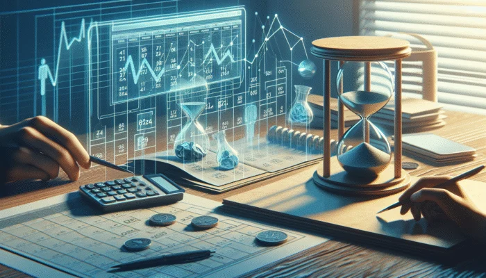 An hourglass and calendar on a desk, a person calmly reviewing financial documents in an office.