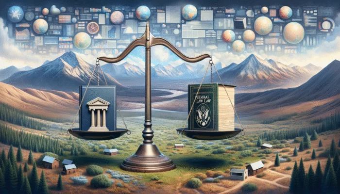 A balanced scale with federal and state law books, set against diverse American landscapes.