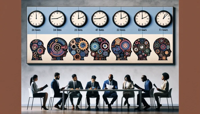 Diverse group reviewing loan documents with clocks showing 24 to 72-hour cooling-off periods.