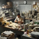 A man sits at a cluttered desk in an office overflowing with paperwork and folders, papers scattered everywhere. Behind him, a wall calendar and clock hint at the tight deadlines often faced in payday loan success stories.