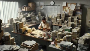 A man sits at a cluttered desk in an office overflowing with paperwork and folders, papers scattered everywhere. Behind him, a wall calendar and clock hint at the tight deadlines often faced in payday loan success stories.