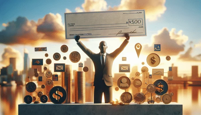 A person celebrating with a large check amidst financial success symbols, city skyline at sunset.