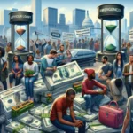 A large diverse crowd stands in a city with hourglasses labeled "EMERGENCES" and "LOYCUR LOGAT" on platforms of cash and checks, reflecting payday loan trends. People hold signs, phones, and suitcases; skyscrapers and the Capitol rise behind them.