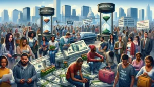 A large diverse crowd stands in a city with hourglasses labeled "EMERGENCES" and "LOYCUR LOGAT" on platforms of cash and checks, reflecting payday loan trends. People hold signs, phones, and suitcases; skyscrapers and the Capitol rise behind them.