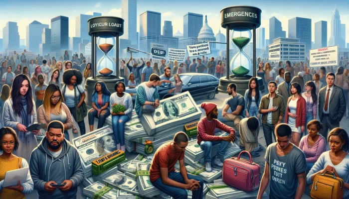 A large diverse crowd stands in a city with hourglasses labeled "EMERGENCES" and "LOYCUR LOGAT" on platforms of cash and checks, reflecting payday loan trends. People hold signs, phones, and suitcases; skyscrapers and the Capitol rise behind them.