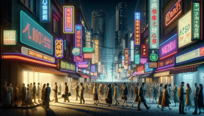 A busy city street at night with neon payday loan signs and people rushing in and out of loan offices.