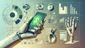A robotic hand holds a smartphone displaying a dollar sign, surrounded by digital financial charts and graphs. Another robotic hand is visible, highlighting the essential differences between technology-driven finance tools and traditional payday loans.