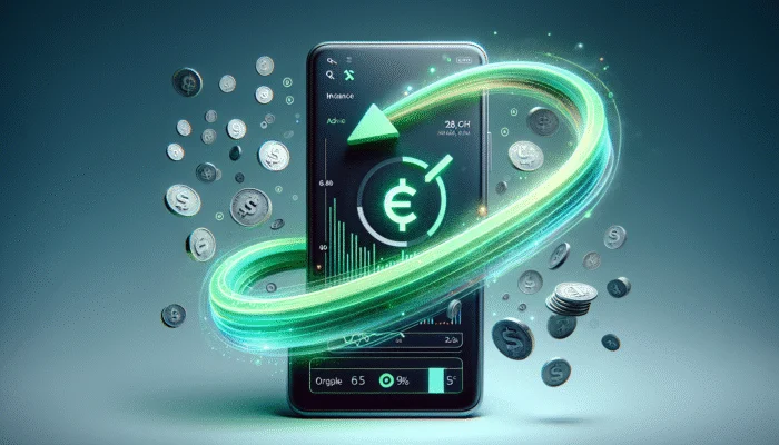 Smartphone showing cash advance app with green, upward trending graph in background, symbolizing financial growth.