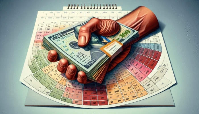 A hand holding cash with a calendar showing month-end, symbolizing a payday loan.