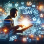 A man uses a digital tablet surrounded by glowing financial and technology icons, with "PAYDAY LOAN" prominent in the center, highlighting payday loan comparison tools and Payday Loan Rates in digital payday loan services.