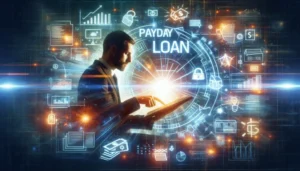 A man uses a digital tablet surrounded by glowing financial and technology icons, with "PAYDAY LOAN" prominent in the center, highlighting payday loan comparison tools and Payday Loan Rates in digital payday loan services.