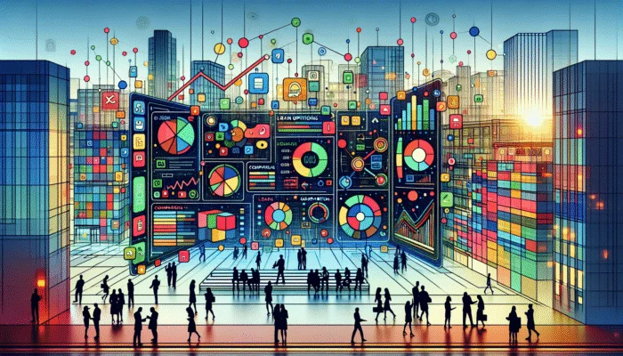 Digital interface showing payday loan options with comparison charts and graphs, set in a financial district.