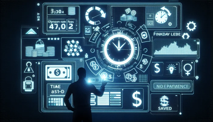 Digital interface showing payday loan options, interest rates, fees, clock, and user selecting loan.