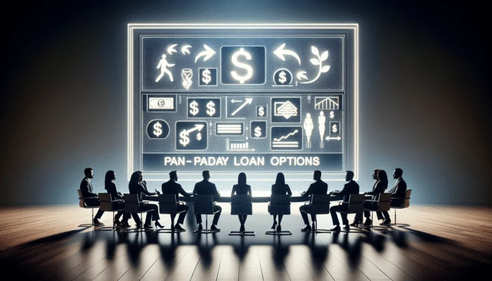 A group of financial experts analyzing payday loan options on a digital screen to guide clients.