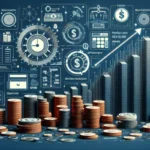 Stacks of coins are arranged in the foreground, with digital financial charts, graphs, and icons displaying data, dollar signs, and bar graphs in the background—highlighting payday loan cost predictors for borrowers on a dark blue surface.