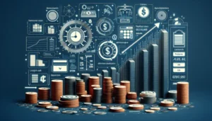 Stacks of coins are arranged in the foreground, with digital financial charts, graphs, and icons displaying data, dollar signs, and bar graphs in the background—highlighting payday loan cost predictors for borrowers on a dark blue surface.
