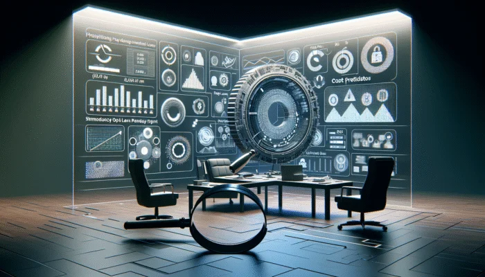 A financial dashboard with graphs and charts showing payday loan cost predictors, focused by a magnifying glass in a dim office.